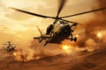 Helicopters Flying Over Desert - A Spectacular View of Aircraft in the Vast Expanse, Helicopter in the desert, 3D render depicting