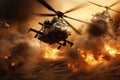 Helicopters Flying Over Fire, Aerial View of Fiery Scene, Helicopter in the desert, 3D render depicting attack helicopters flying