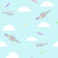 Helicopters, flying saucers, and drones among the clouds, childish seamless pattern