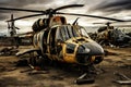 Helicopters scattered across an abandoned airfield, their once sleek frames now weathered and worn