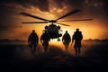 In the helicopters shadow, soldiers silhouettes emerge as symbols of strength