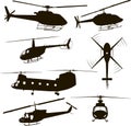 Helicopters, silhouette, set four models, vector illustration, icon, symbol, monogram, isolated, black