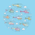 Helicopters in the sky outline circle vector illustration.