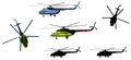 Helicopters and their silhouettes isolated on white background.