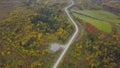 Helipad area for parking on forest near road. Clip. Top view on helipad in a wooded area