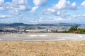 Helipad. Helicopter Landing Pad near emergency hospital in Portugal with cloud sky and city on background