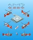 Helipads. Helicopter isometric vector civil aviation set urban transport