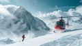 Heliski helicopter takes off in snow powder freeride landed on mountain. Royalty Free Stock Photo