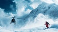 Heliski helicopter takes off in snow powder freeride landed on mountain. Royalty Free Stock Photo
