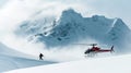 Heliski helicopter takes off in snow powder freeride landed on mountain. Royalty Free Stock Photo