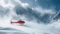 Heliski helicopter takes off in snow powder freeride landed on mountain. Royalty Free Stock Photo