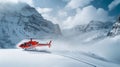 Heliski helicopter takes off in snow powder freeride landed on mountain. Royalty Free Stock Photo