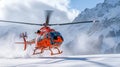 Heliski helicopter takes off in snow powder freeride landed on mountain. Royalty Free Stock Photo