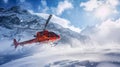 Heliski helicopter takes off in snow powder freeride landed on mountain. Royalty Free Stock Photo