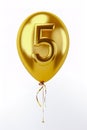 Helium golden balloon shape number five, 5. Isolated on white