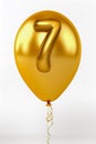 Helium golden balloon shape number seven, 7. Isolated on white