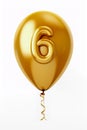 Helium golden balloon shape number six, 6. Isolated on white