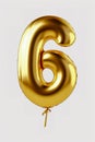 Helium golden balloon shape number six, 6. Isolated on white