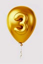 Helium golden balloon shape number three, 3. Isolated on white