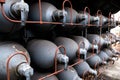 Helium high capacity gas cilinders. Tanks with compressed gas for industry. Liquefied oxygen production. Factory. Royalty Free Stock Photo