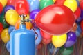 Helium tank with compressed helium inflating colored balloons for celebration or party