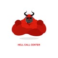 Hell call Center. Satan with headset. Devil responds to phone ca