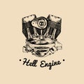 Hell Engine vector vintage motorcycle logo. Biker club sign. Garage label. Vector illustration of hand drawn motor. Royalty Free Stock Photo