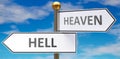 Hell and heaven as different choices in life - pictured as words Hell, heaven on road signs pointing at opposite ways to show that Royalty Free Stock Photo