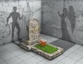 Hell or Heaven. Grave cast shadows in form of devil as hell, and shape of angel as paradise. 3d illustration Royalty Free Stock Photo