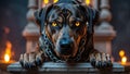 Hell hound chained to altar of guilt, eyes glowing with cursed fi Royalty Free Stock Photo