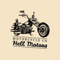 Hell Motors advertising poster. Vector hand drawn chopper for MC sign, label. Vintage detailed motorcycle illustration. Royalty Free Stock Photo