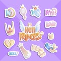 Hell princess sticker collection. Set of vector cute princess stickers and icons - star, donut, sneakers, cat, heart and Royalty Free Stock Photo