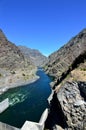 Snake River from atop Hell`s Canyon Dam, Oregon and Idaho vertical Royalty Free Stock Photo