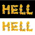 Hell text. fire letters. Skeletons in inferno. Sinners in Gehennal. Satanic symbol. hellish thick