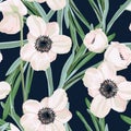 Seamless pattern with white anemone flowers and eucalyptus. Winter floral design for wedding invitation