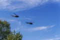 Greek Air Force Bell Huey helicopters flying.