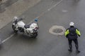 Hellenic police law enforcement aranging street traffic in Thessaloniki, Greece. Royalty Free Stock Photo