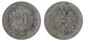 20 heller 1916 coin isolated on white background, Austro-Hungarian Empire