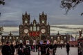 Hellfest castle at sunset and metalheads