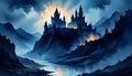 Hellish atmosphere with a dark castle in a valley painted in dramatic watercolor tones Royalty Free Stock Photo