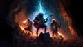 hellish heavy metal rock musicians band with electric guitars in rock world cave, neural network generated art