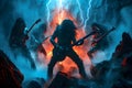 hellish heavy metal rock musicians band with electric guitars in a rock world