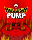 Hellish pump. Satan bodybuilder with huge muscles. Workout with