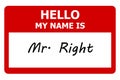 hello my name is mr right tag on white