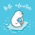 Hello adventure. Vector illustration of a kawaii polar bear and a cute little penguin floating on the ice Royalty Free Stock Photo