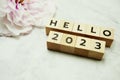 Hello 2023 alphabet letters on marble background