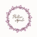 Hello April hand lettering with sakura wreath.