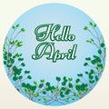 Hello April lettering on blue background with tree branches