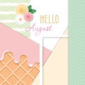 Hello august abstract background with different textures and floral decorative elements. Royalty Free Stock Photo