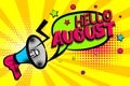 Hello august comic text pop art colored bubble Royalty Free Stock Photo